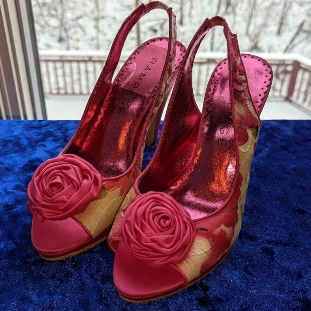 Rampage rosette heels, pink floral platform slingbacks size 6.5
